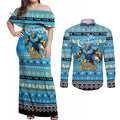 Personalized Titans Rugby Xmas Couples Matching Off Shoulder Maxi Dress and Long Sleeve Button Shirt Australia NRL Mascot