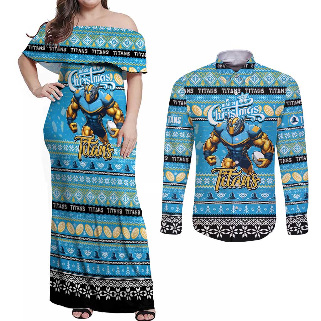 Personalized Titans Rugby Xmas Couples Matching Off Shoulder Maxi Dress and Long Sleeve Button Shirt Australia NRL Mascot