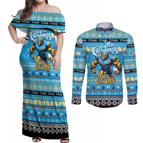 Personalized Titans Rugby Xmas Couples Matching Off Shoulder Maxi Dress and Long Sleeve Button Shirt Australia NRL Mascot