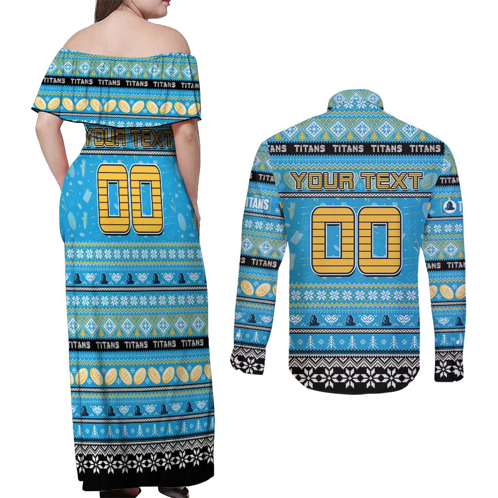Personalized Titans Rugby Xmas Couples Matching Off Shoulder Maxi Dress and Long Sleeve Button Shirt Australia NRL Mascot