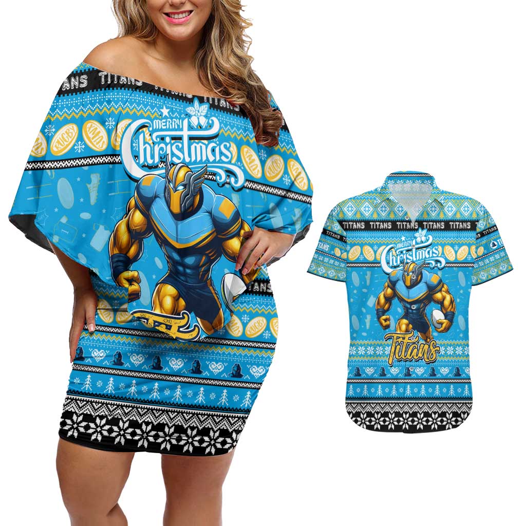 Personalized Titans Rugby Xmas Couples Matching Off Shoulder Short Dress and Hawaiian Shirt Australia NRL Mascot