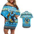 Personalized Titans Rugby Xmas Couples Matching Off Shoulder Short Dress and Hawaiian Shirt Australia NRL Mascot