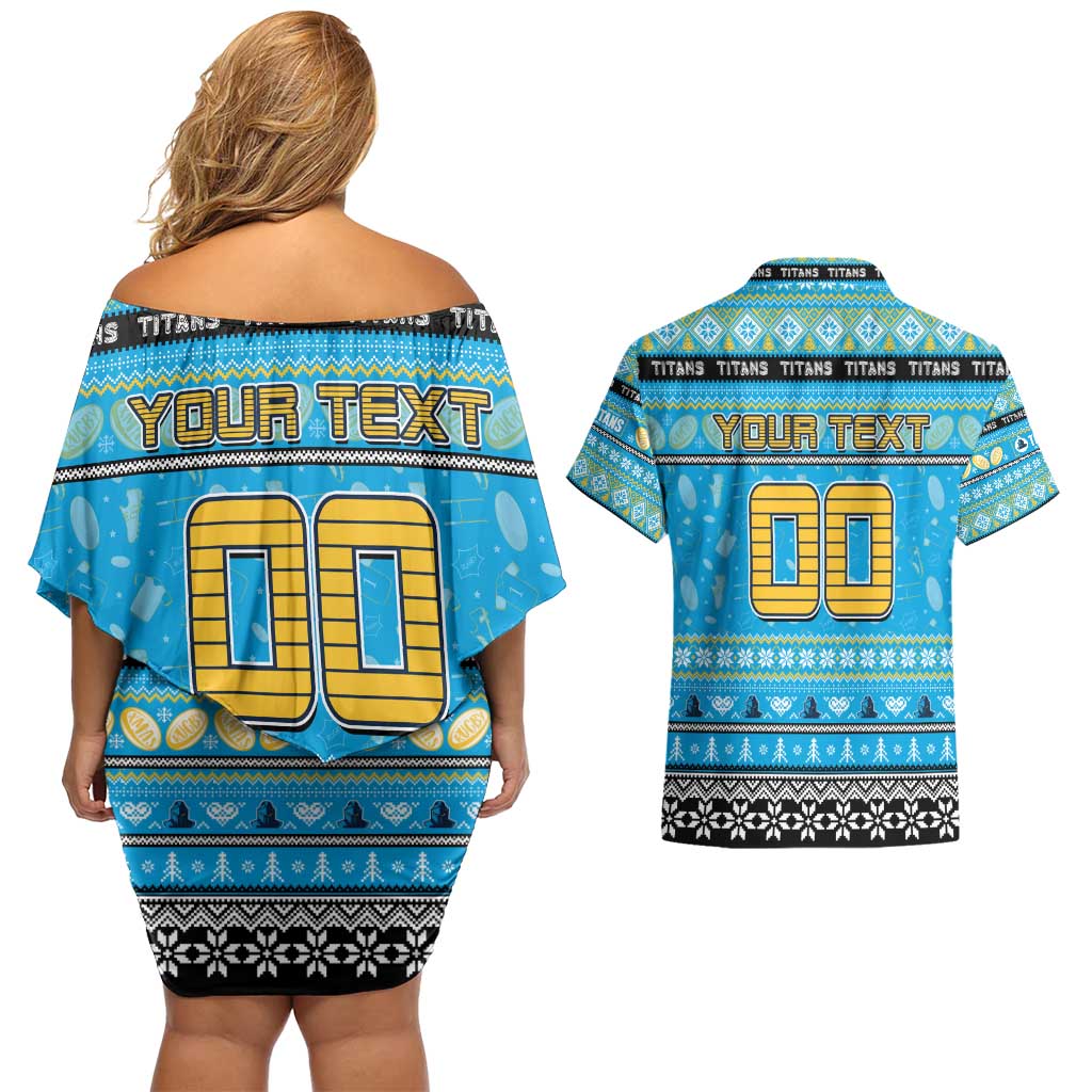Personalized Titans Rugby Xmas Couples Matching Off Shoulder Short Dress and Hawaiian Shirt Australia NRL Mascot