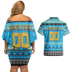 Personalized Titans Rugby Xmas Couples Matching Off Shoulder Short Dress and Hawaiian Shirt Australia NRL Mascot