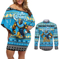 Personalized Titans Rugby Xmas Couples Matching Off Shoulder Short Dress and Long Sleeve Button Shirt Australia NRL Mascot