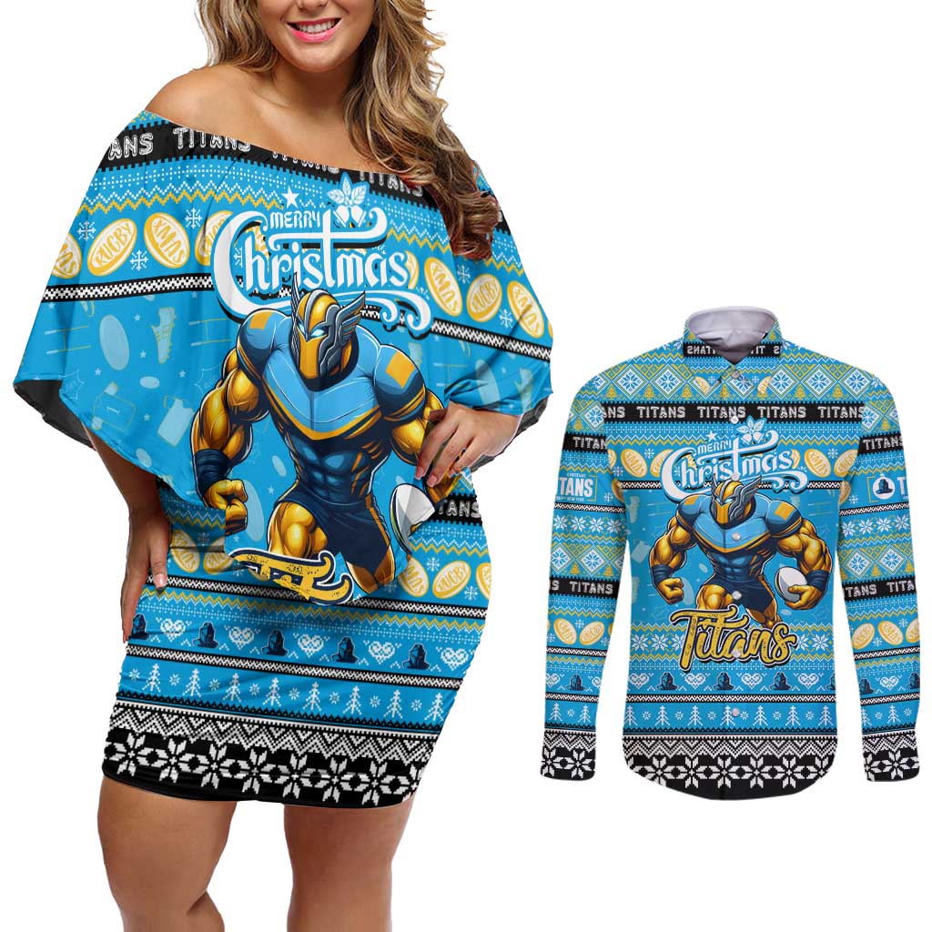 Personalized Titans Rugby Xmas Couples Matching Off Shoulder Short Dress and Long Sleeve Button Shirt Australia NRL Mascot