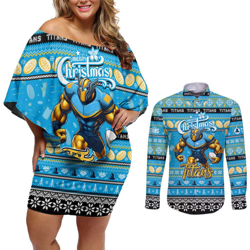 Personalized Titans Rugby Xmas Couples Matching Off Shoulder Short Dress and Long Sleeve Button Shirt Australia NRL Mascot