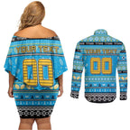 Personalized Titans Rugby Xmas Couples Matching Off Shoulder Short Dress and Long Sleeve Button Shirt Australia NRL Mascot