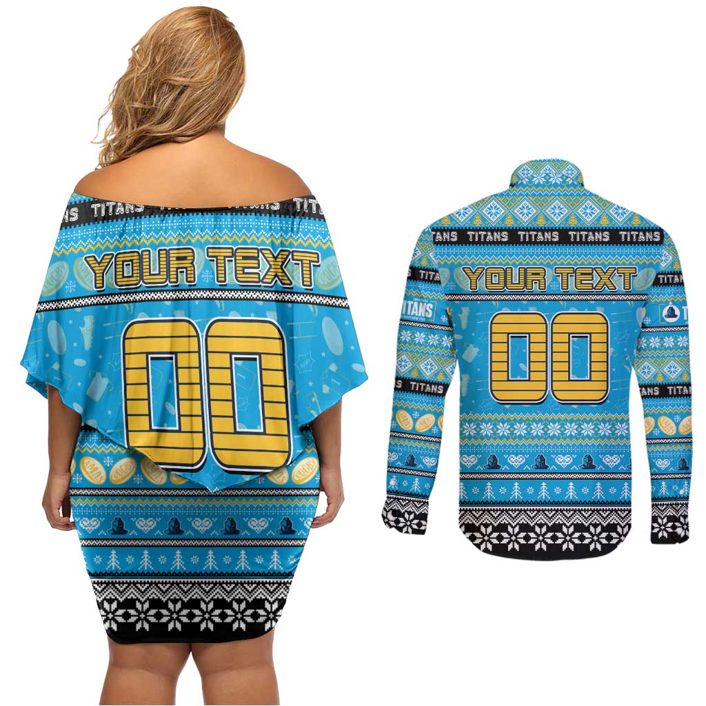 Personalized Titans Rugby Xmas Couples Matching Off Shoulder Short Dress and Long Sleeve Button Shirt Australia NRL Mascot