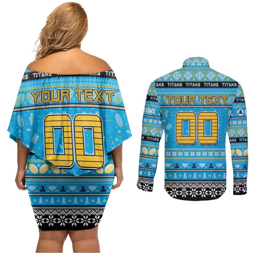 Personalized Titans Rugby Xmas Couples Matching Off Shoulder Short Dress and Long Sleeve Button Shirt Australia NRL Mascot