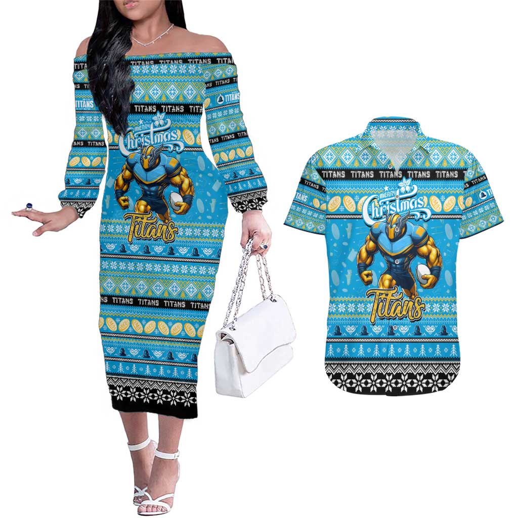 Personalized Titans Rugby Xmas Couples Matching Off The Shoulder Long Sleeve Dress and Hawaiian Shirt Australia NRL Mascot