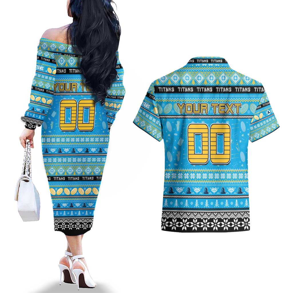 Personalized Titans Rugby Xmas Couples Matching Off The Shoulder Long Sleeve Dress and Hawaiian Shirt Australia NRL Mascot