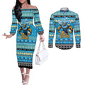 Personalized Titans Rugby Xmas Couples Matching Off The Shoulder Long Sleeve Dress and Long Sleeve Button Shirt Australia NRL Mascot