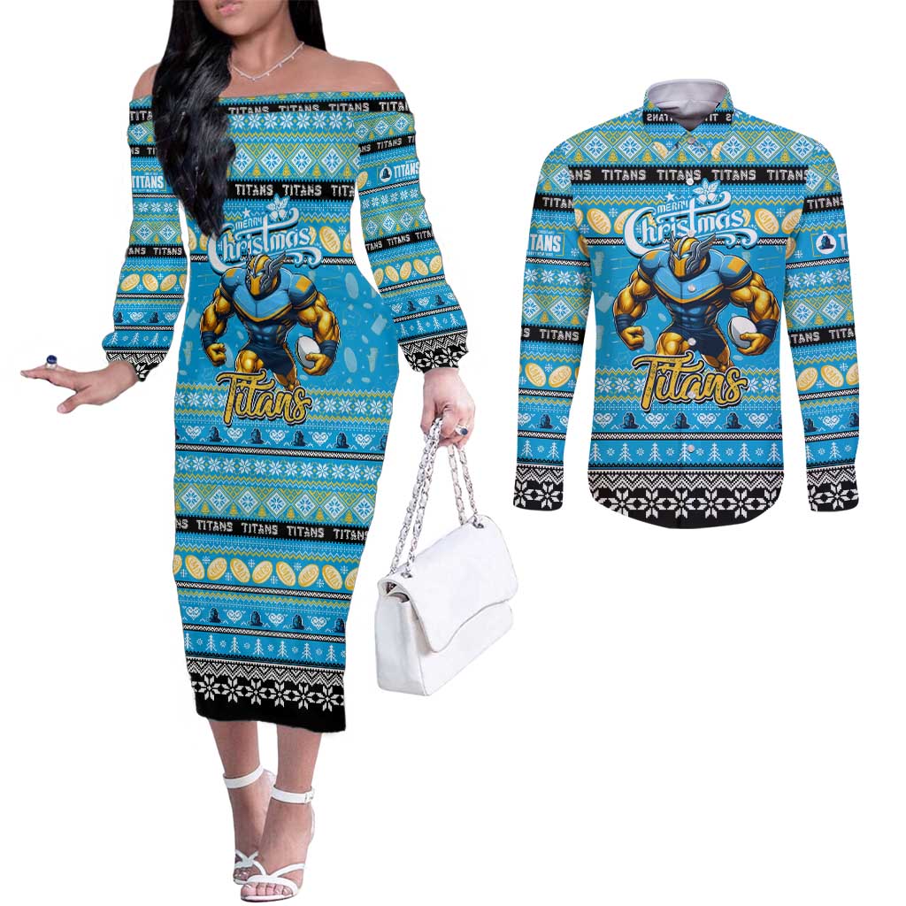Personalized Titans Rugby Xmas Couples Matching Off The Shoulder Long Sleeve Dress and Long Sleeve Button Shirt Australia NRL Mascot