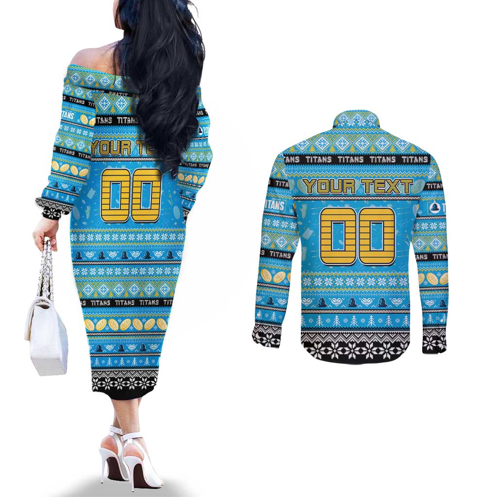 Personalized Titans Rugby Xmas Couples Matching Off The Shoulder Long Sleeve Dress and Long Sleeve Button Shirt Australia NRL Mascot