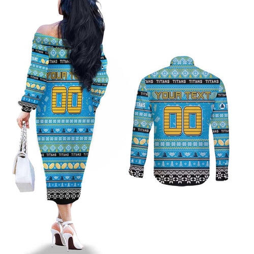Personalized Titans Rugby Xmas Couples Matching Off The Shoulder Long Sleeve Dress and Long Sleeve Button Shirt Australia NRL Mascot