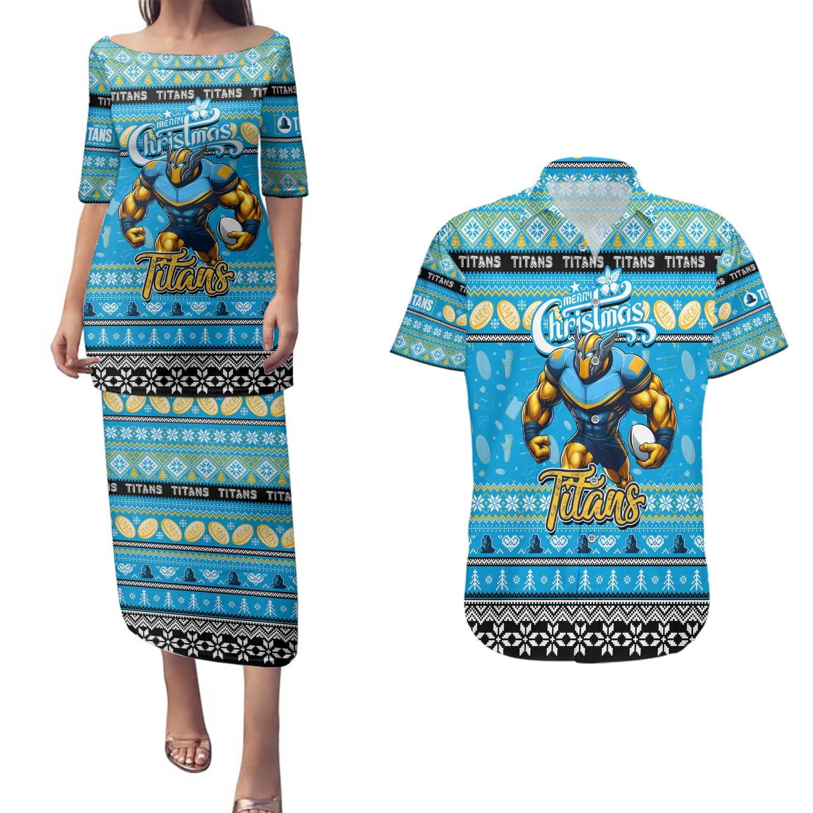 Personalized Titans Rugby Xmas Couples Matching Puletasi and Hawaiian Shirt Australia NRL Mascot