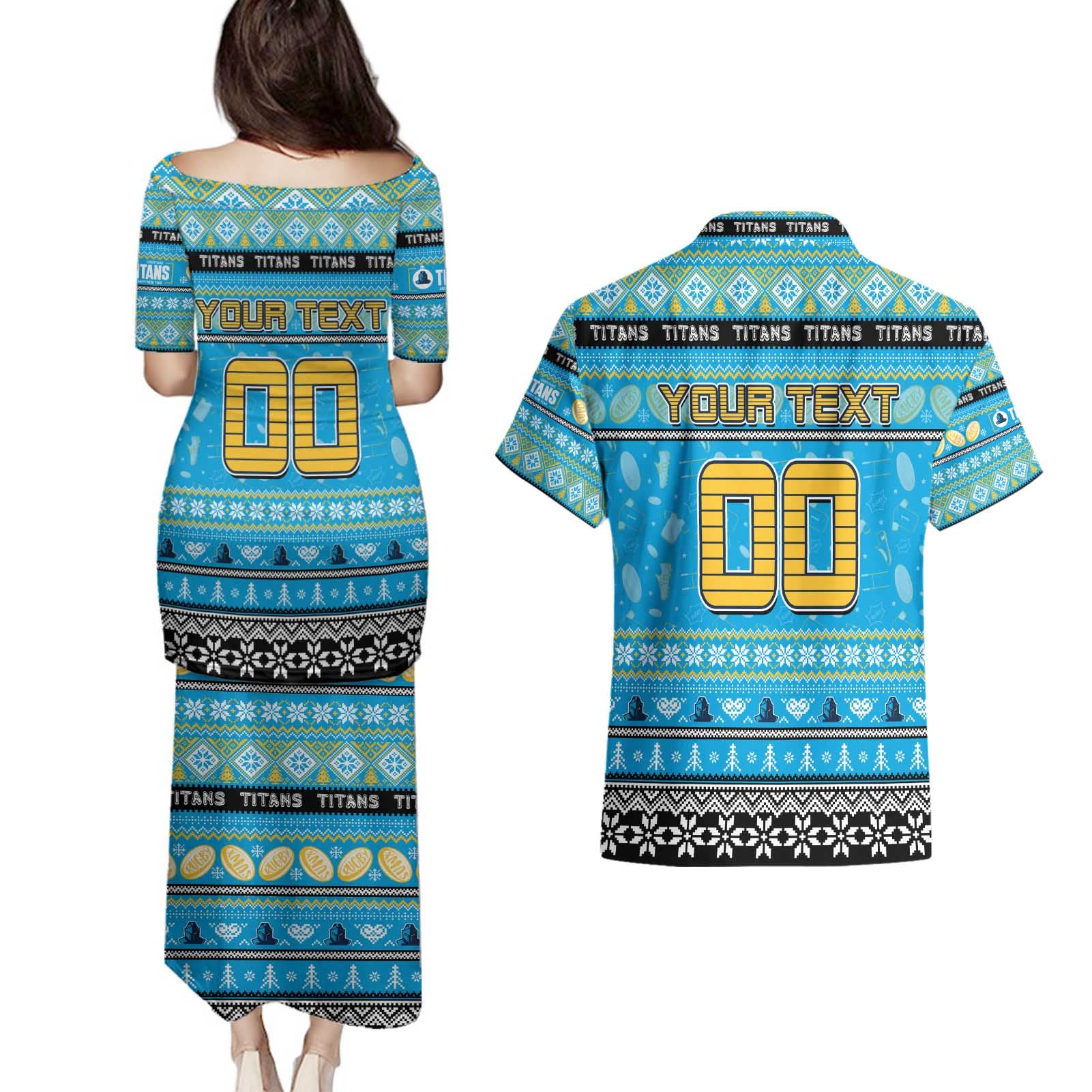 Personalized Titans Rugby Xmas Couples Matching Puletasi and Hawaiian Shirt Australia NRL Mascot
