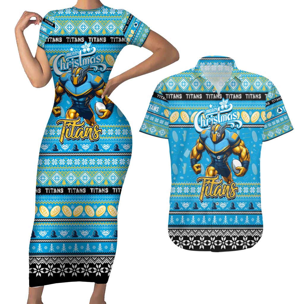 Personalized Titans Rugby Xmas Couples Matching Short Sleeve Bodycon Dress and Hawaiian Shirt Australia NRL Mascot