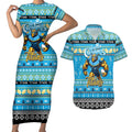 Personalized Titans Rugby Xmas Couples Matching Short Sleeve Bodycon Dress and Hawaiian Shirt Australia NRL Mascot