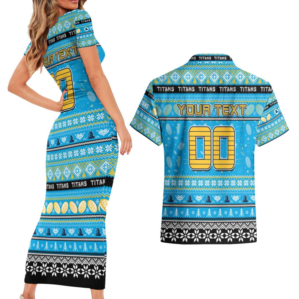 Personalized Titans Rugby Xmas Couples Matching Short Sleeve Bodycon Dress and Hawaiian Shirt Australia NRL Mascot