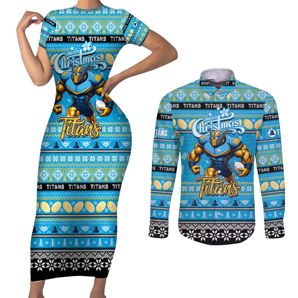 Personalized Titans Rugby Xmas Couples Matching Short Sleeve Bodycon Dress and Long Sleeve Button Shirt Australia NRL Mascot