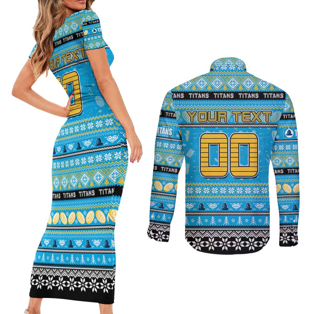 Personalized Titans Rugby Xmas Couples Matching Short Sleeve Bodycon Dress and Long Sleeve Button Shirt Australia NRL Mascot