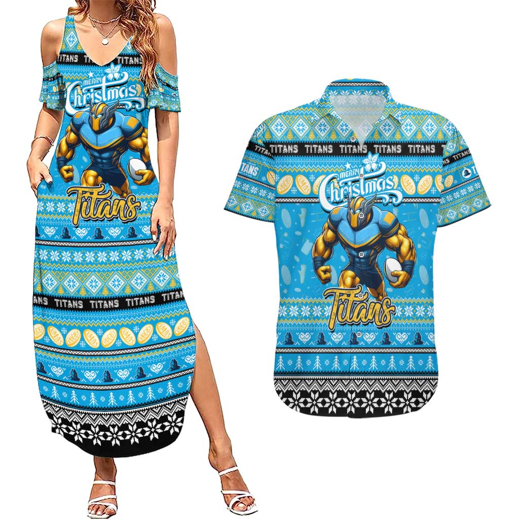 Personalized Titans Rugby Xmas Couples Matching Summer Maxi Dress and Hawaiian Shirt Australia NRL Mascot