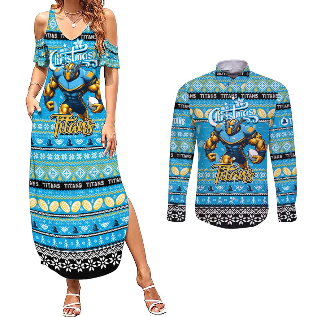 Personalized Titans Rugby Xmas Couples Matching Summer Maxi Dress and Long Sleeve Button Shirt Australia NRL Mascot