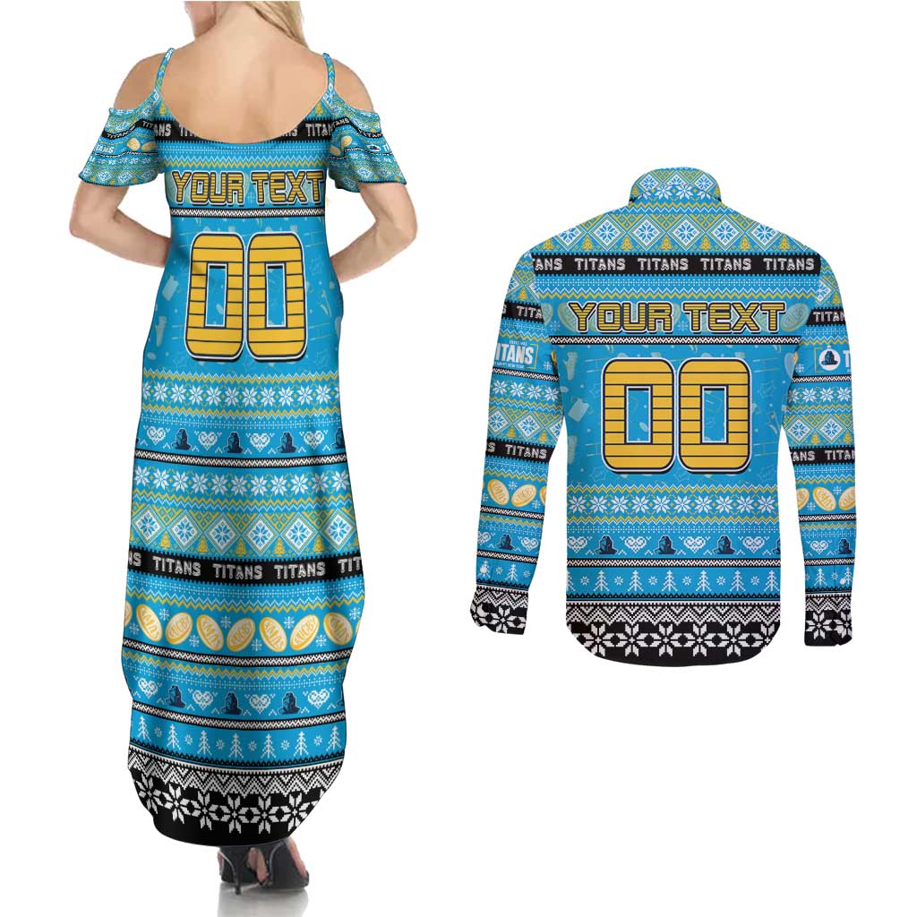 Personalized Titans Rugby Xmas Couples Matching Summer Maxi Dress and Long Sleeve Button Shirt Australia NRL Mascot