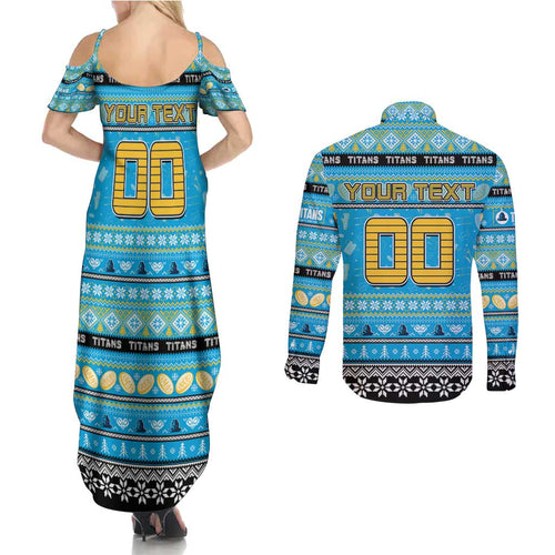Personalized Titans Rugby Xmas Couples Matching Summer Maxi Dress and Long Sleeve Button Shirt Australia NRL Mascot