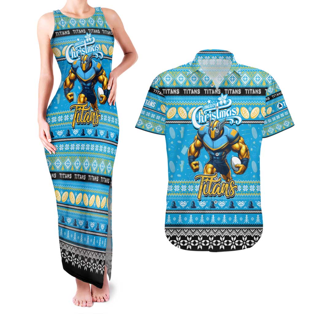 Personalized Titans Rugby Xmas Couples Matching Tank Maxi Dress and Hawaiian Shirt Australia NRL Mascot