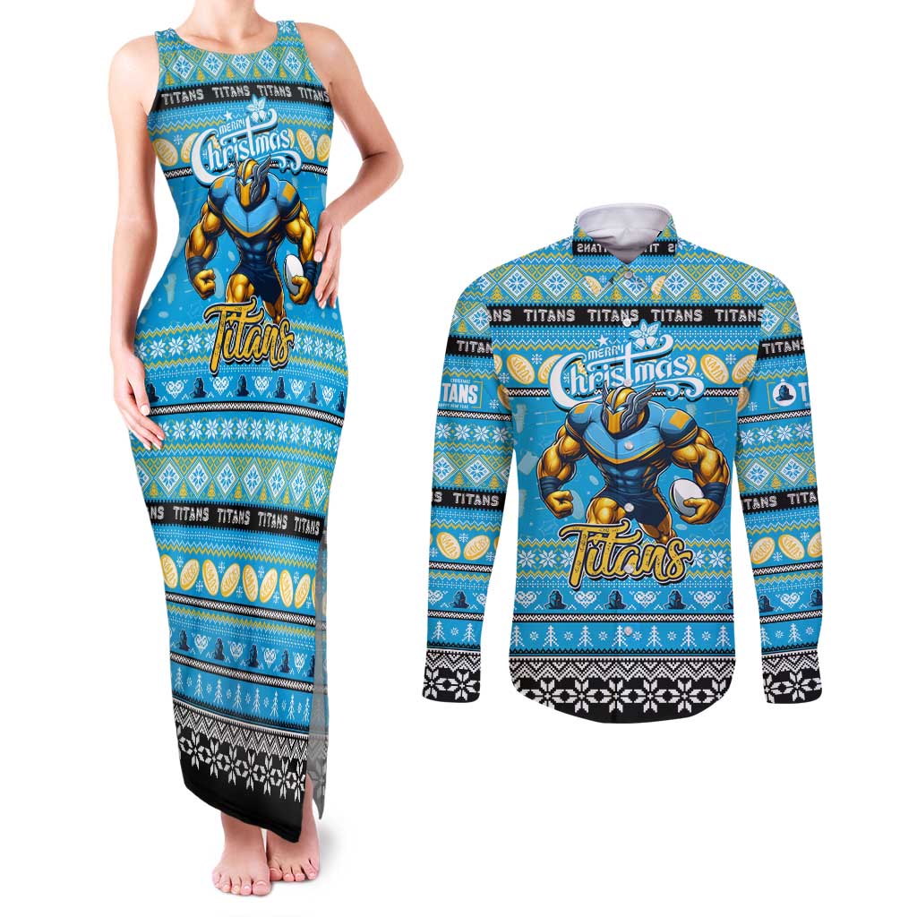 Personalized Titans Rugby Xmas Couples Matching Tank Maxi Dress and Long Sleeve Button Shirt Australia NRL Mascot