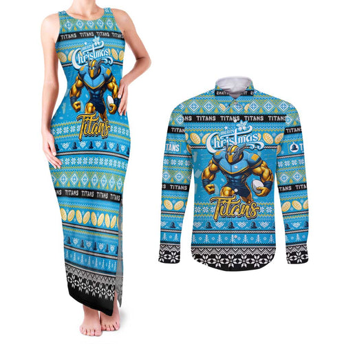 Personalized Titans Rugby Xmas Couples Matching Tank Maxi Dress and Long Sleeve Button Shirt Australia NRL Mascot