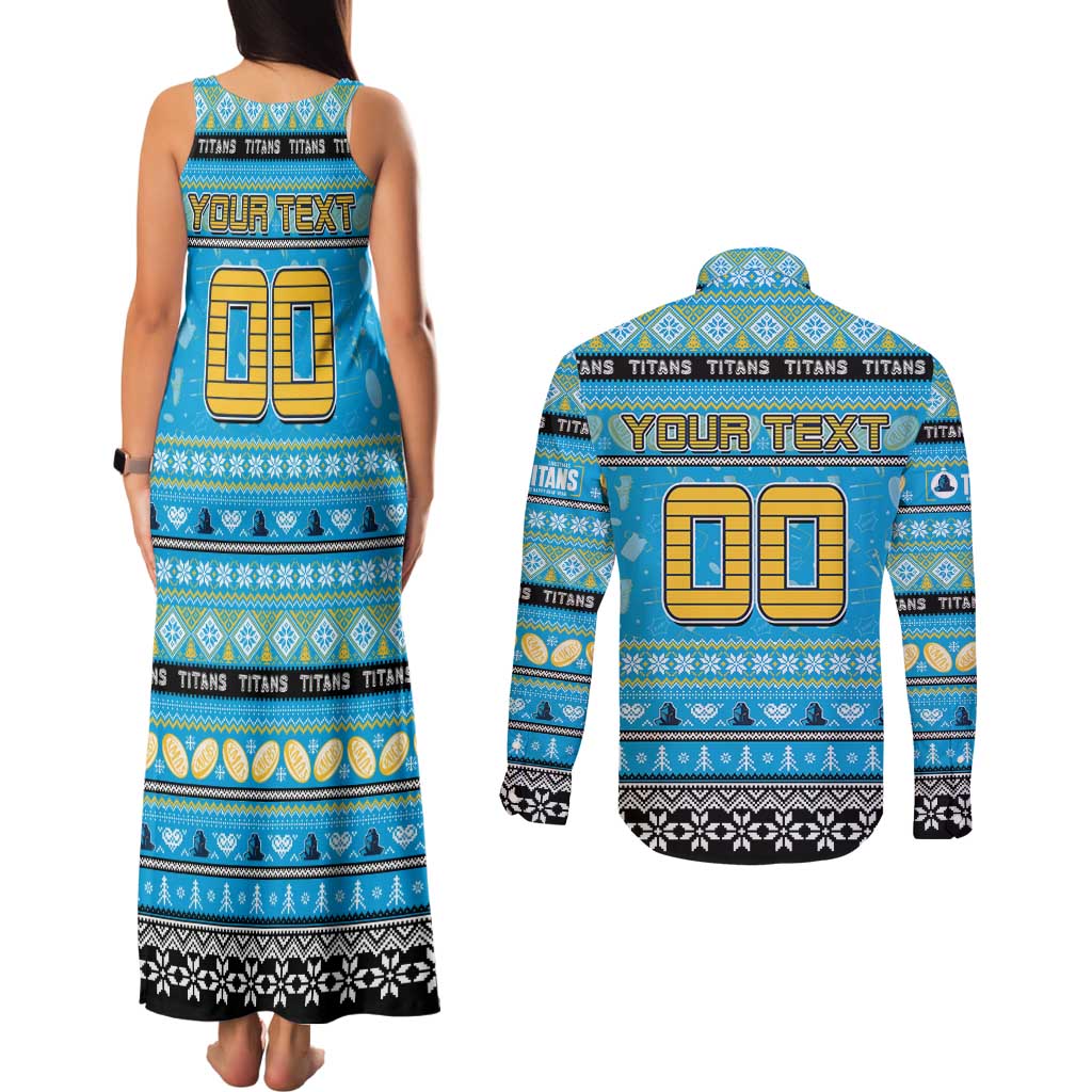 Personalized Titans Rugby Xmas Couples Matching Tank Maxi Dress and Long Sleeve Button Shirt Australia NRL Mascot