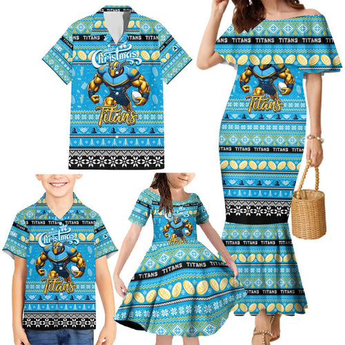 Personalized Titans Rugby Xmas Family Matching Mermaid Dress and Hawaiian Shirt Australia NRL Mascot