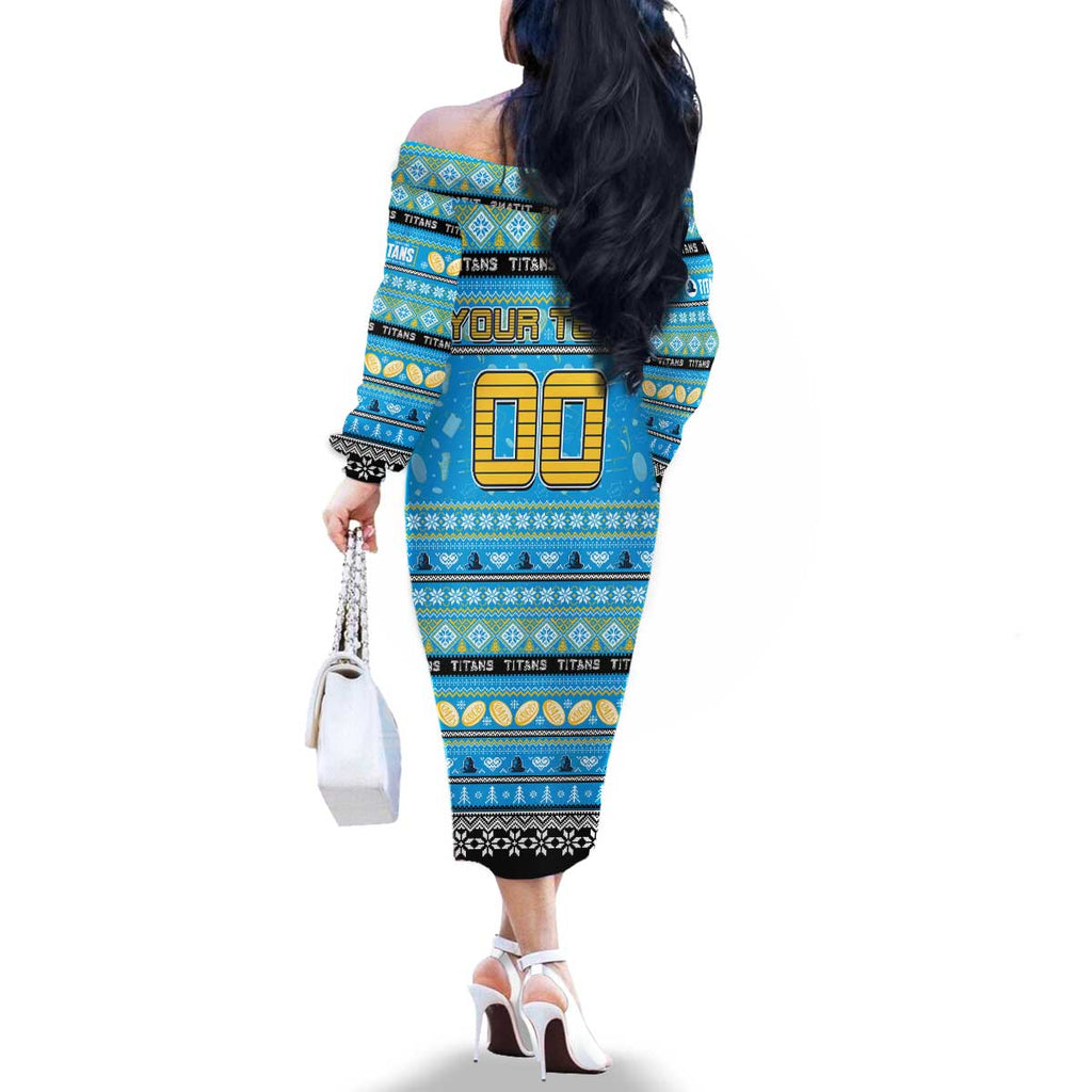 Personalized Titans Rugby Xmas Family Matching Off The Shoulder Long Sleeve Dress and Hawaiian Shirt Australia NRL Mascot