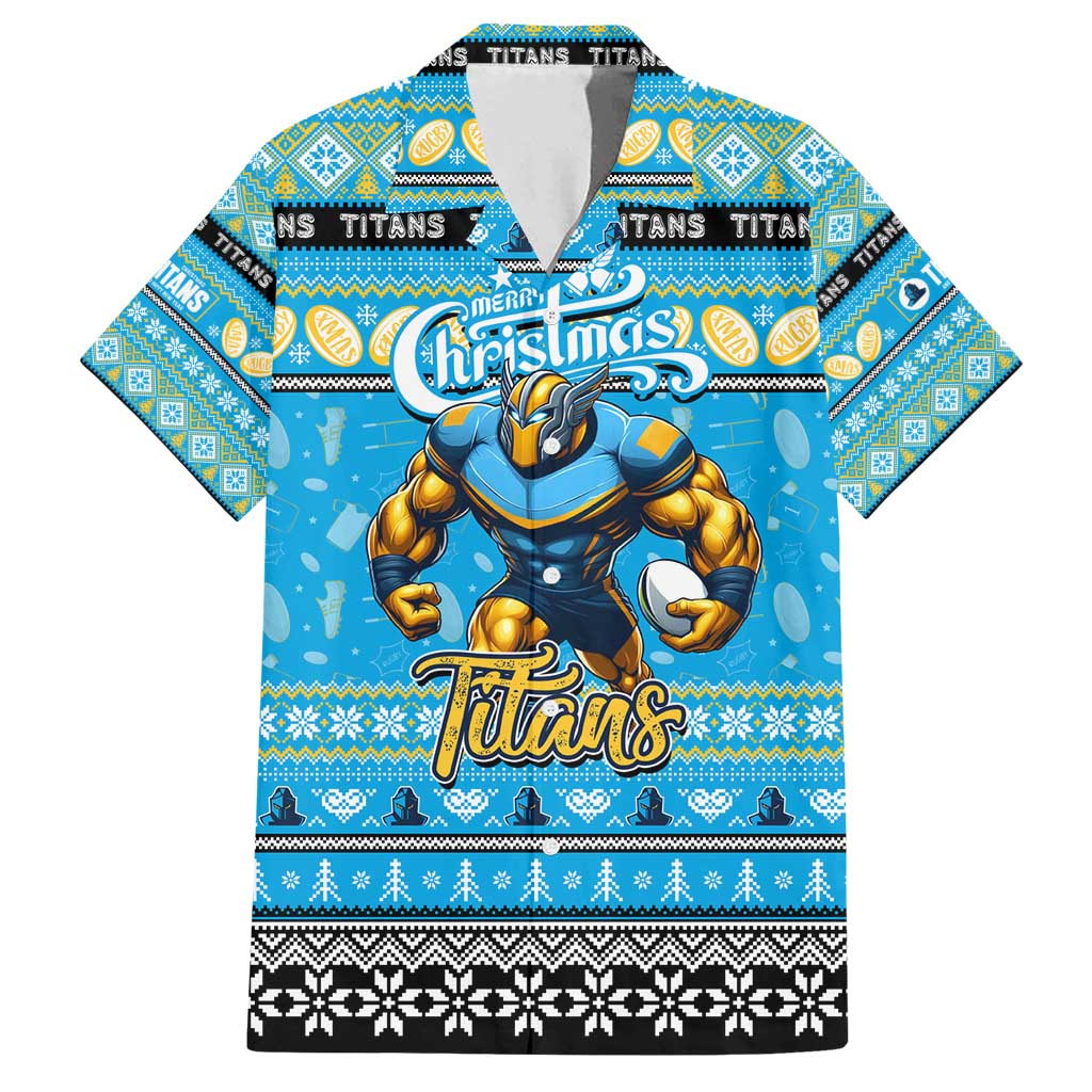 Personalized Titans Rugby Xmas Family Matching Off Shoulder Maxi Dress and Hawaiian Shirt Australia NRL Mascot