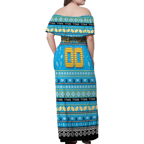 Personalized Titans Rugby Xmas Family Matching Off Shoulder Maxi Dress and Hawaiian Shirt Australia NRL Mascot