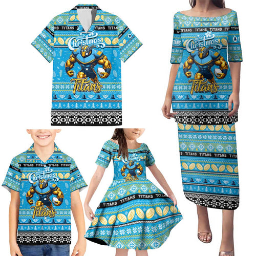 Personalized Titans Rugby Xmas Family Matching Puletasi and Hawaiian Shirt Australia NRL Mascot