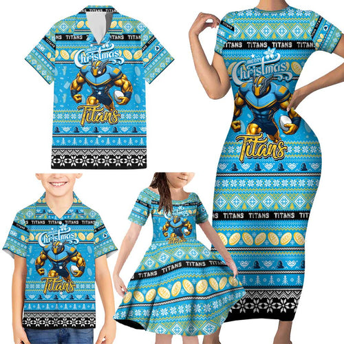 Personalized Titans Rugby Xmas Family Matching Short Sleeve Bodycon Dress and Hawaiian Shirt Australia NRL Mascot