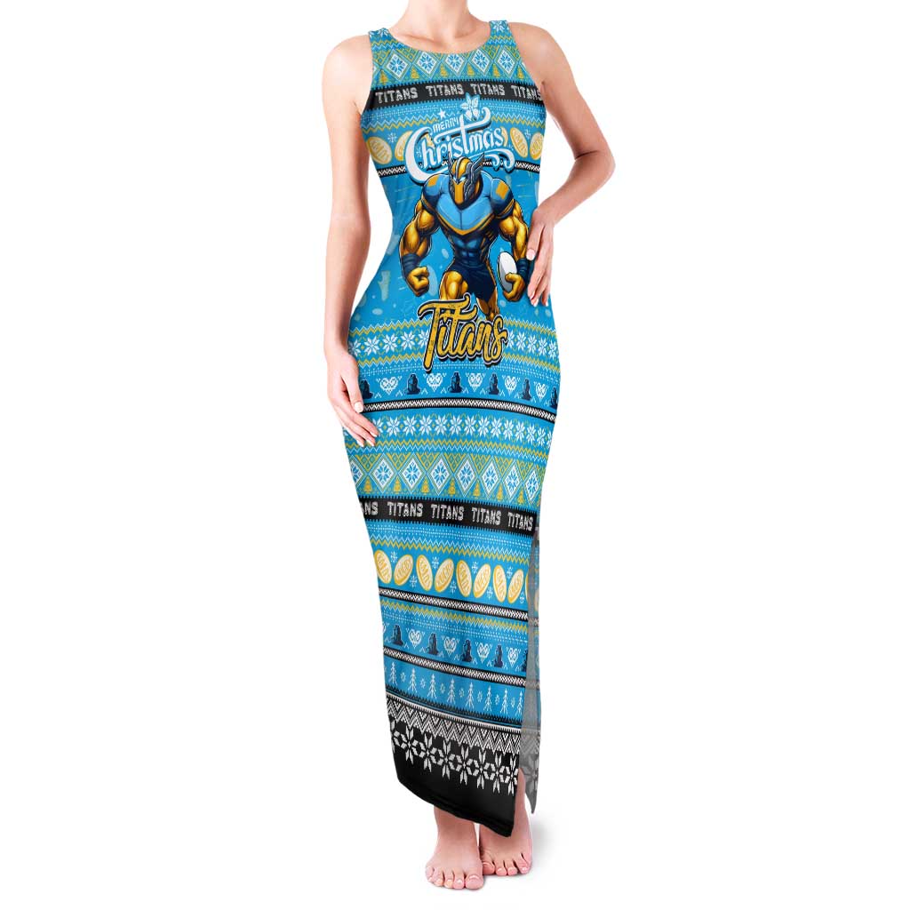 Personalized Titans Rugby Xmas Family Matching Tank Maxi Dress and Hawaiian Shirt Australia NRL Mascot