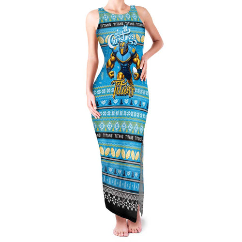 Personalized Titans Rugby Xmas Family Matching Tank Maxi Dress and Hawaiian Shirt Australia NRL Mascot