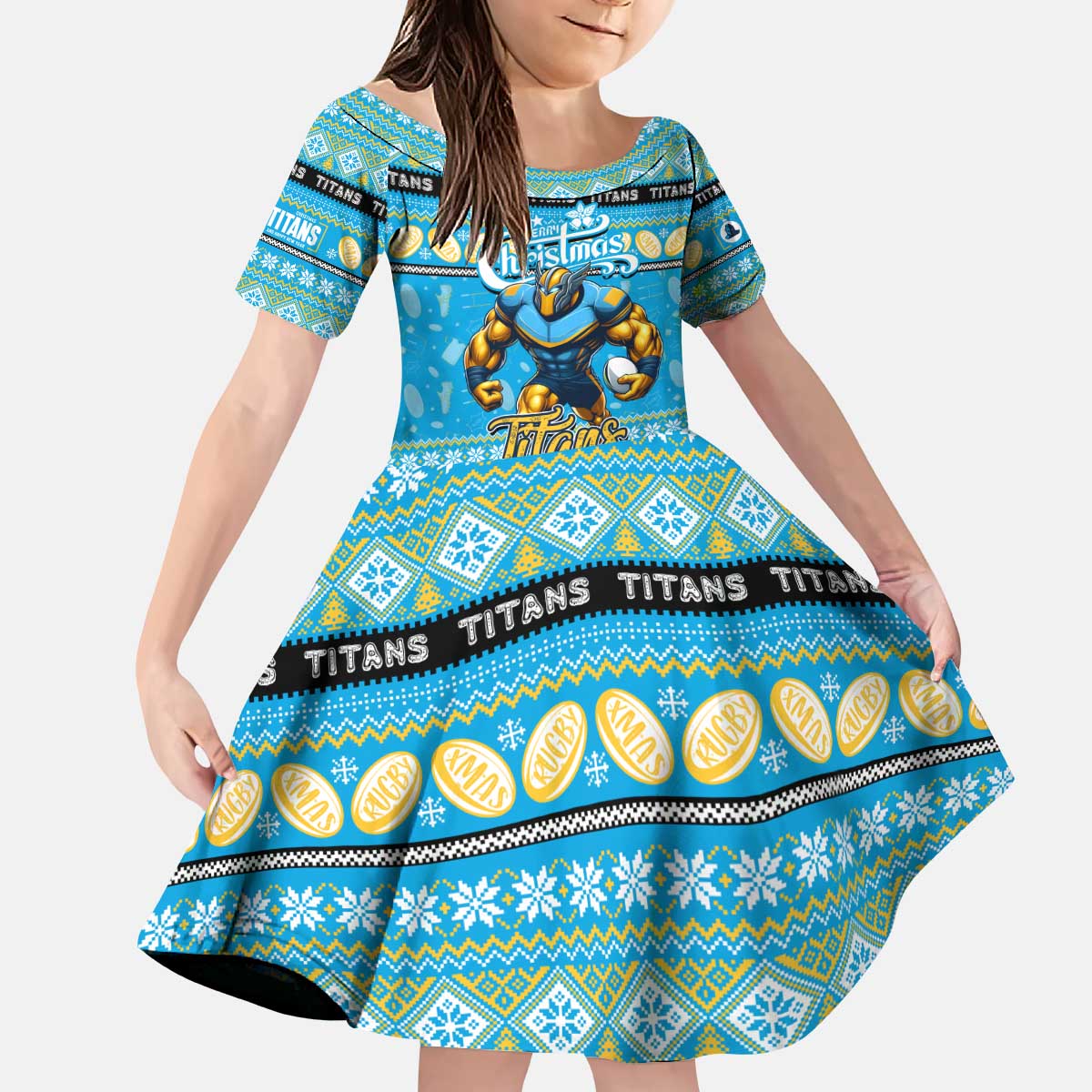 Personalized Titans Rugby Xmas Kid Short Sleeve Dress Australia NRL Mascot