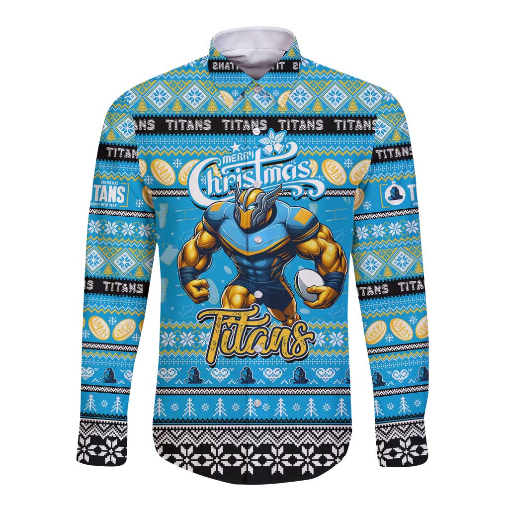 Personalized Titans Rugby Xmas Long Sleeve Button Shirt Australia NRL Mascot