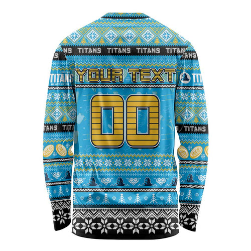 Personalized Titans Rugby Xmas Long Sleeve Shirt Australia NRL Mascot