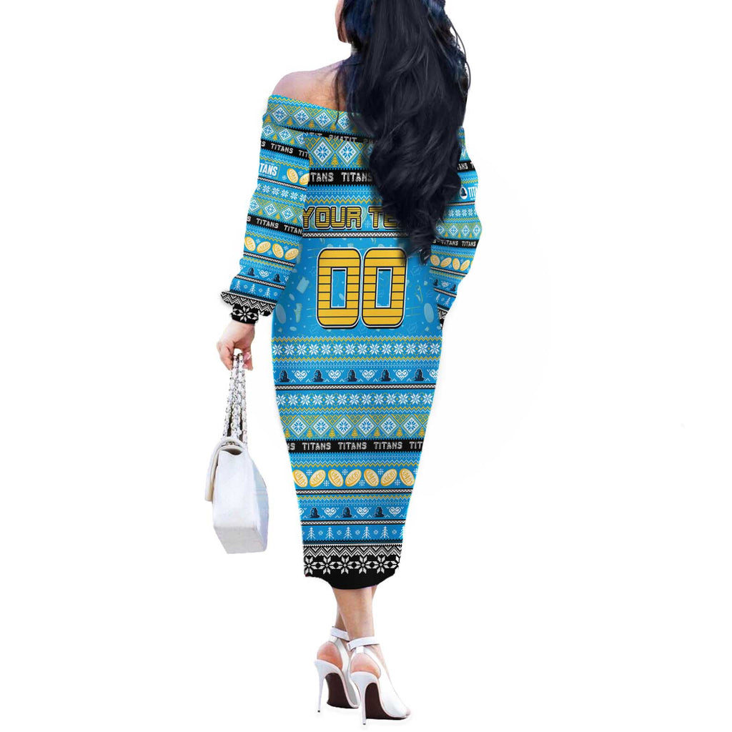 Personalized Titans Rugby Xmas Off The Shoulder Long Sleeve Dress Australia NRL Mascot