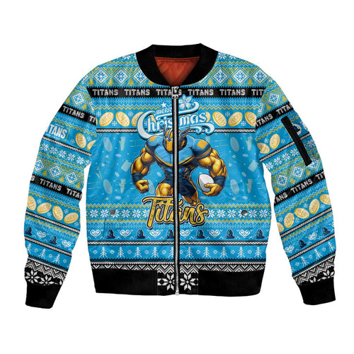 Personalized Titans Rugby Xmas Sleeve Zip Bomber Jacket Australia NRL Mascot