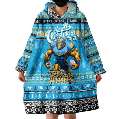 Personalized Titans Rugby Xmas Wearable Blanket Hoodie Australia NRL Mascot