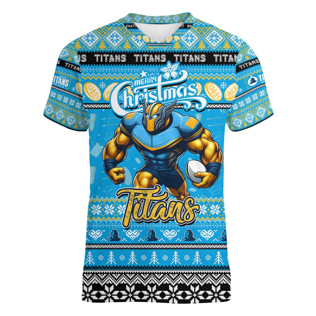 Personalized Titans Rugby Xmas Women V-Neck T-Shirt Australia NRL Mascot